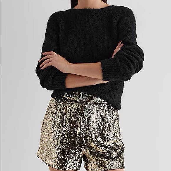 Express Gold High Waist Sequin Shorts - Picture 1 of 8
